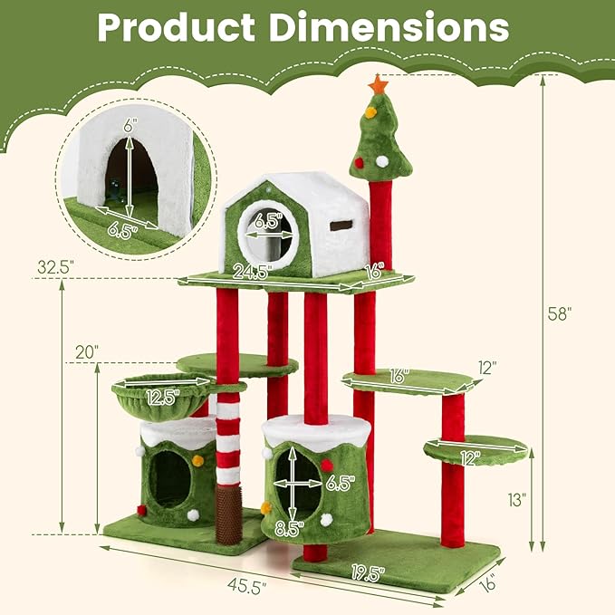PETSITE 58 Inch Cat Christmas Tree, Multi-Level Cat Tower with 3 Cat Condos, Cat Self Groomer, Side Basket, Faux Christmas Tree, and Anti-Tipping Kit, Christmas-Themed Cat Tree for Indoor Cats