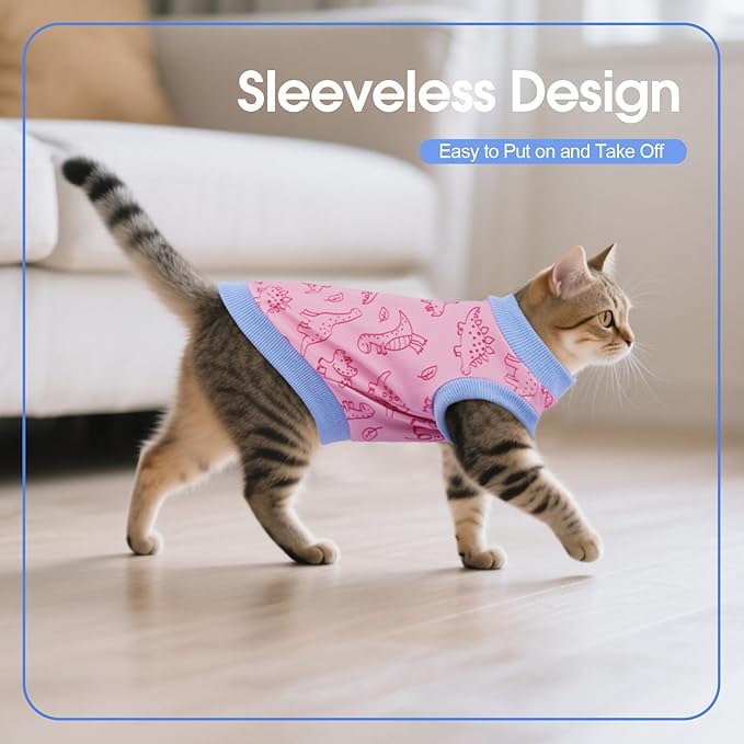 X-Large Sphynx Hairless Cat Clothes with Dinosaur Print, Pullover Kitten T-Shirts Vest, Sleeveless Bodysuit Cat Pajamas Jumpsuit, Breathable Daily Wear Clothes for Cats