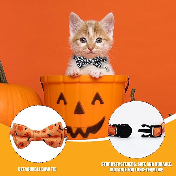 Halloween Cat Collar, Adjustable Kitten Halloween Collars with Bow Tie and Bell, Breakaway Kittens Collar for Girl Boy Cats Kittens (Black)