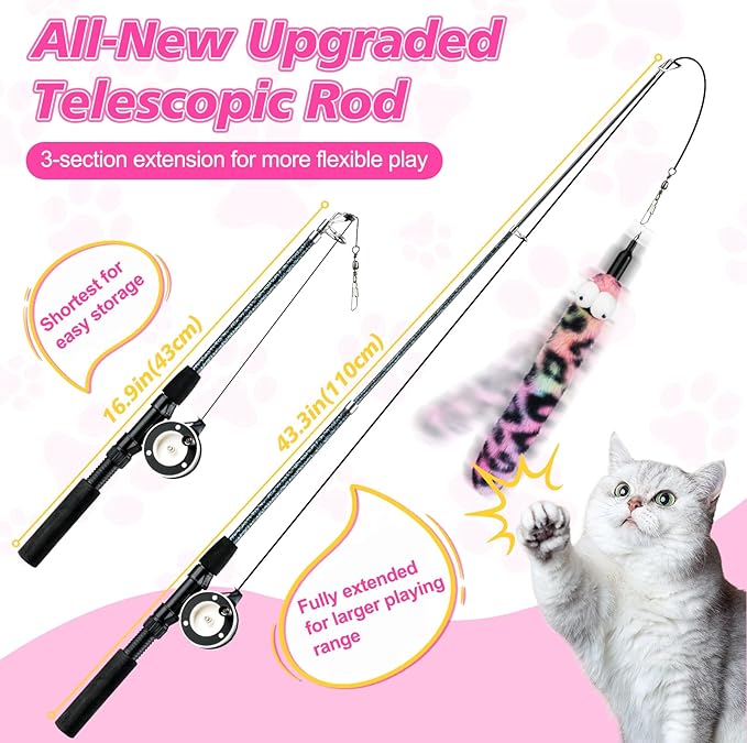 Pawaboo Cat Teaser Wand Toys, Cat Fishing Pole Toy with 3 Pack Feather Refills, 3-Section Retractable Kitten Feather Toys with Pulley, Indoor Cats Teaser Catcher Exerciser with Bell, Rose Red + Pink