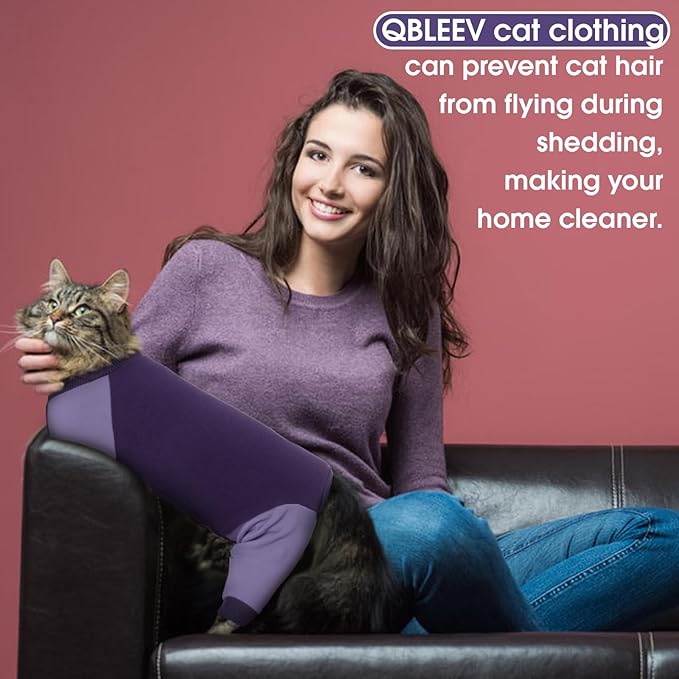 QBLEEV Sticky Hair Cat Clothes, Soft Cat Pajamas for Cats Only, Prevent Lost Fur Kitten Sweater Onesie, Stretchy Recovery Suit for Female Male Cats After Surgery Daily Wear, Purple, XS