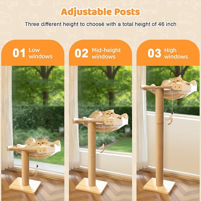 Cat Window Perch Hammock with 3-Piece Detachable Sisal Scratching Posts, White Fluffy Cusion, Drill-Free Suction Cup Mount, Multi-Level Climbing Perch for Bird Watching, 45 LBS Capacity
