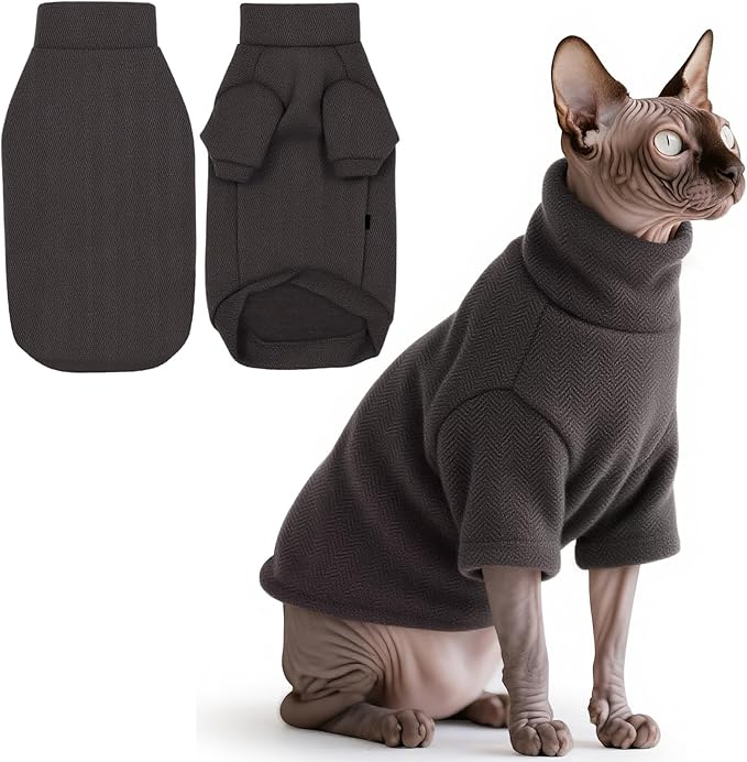 Idepet Sphynx Cat Warm Turtleneck Sweater Hairless Cats Shirt Pullover Kitten T-Shirts Thick Soft Fleece Clothes Cute Outfit Coat Pajamas for Cats and Puppy (Dark Brown, 3X-Large)