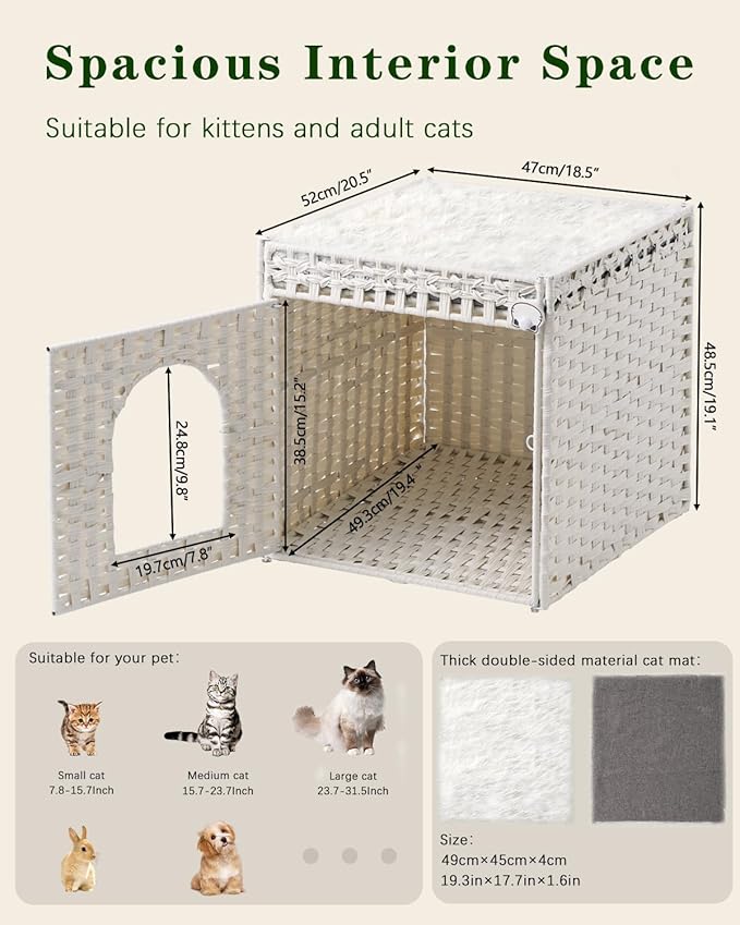 SETVSON Cat Beds for Indoor Cats Extra Large Double Cat Cave Pet Cube, Handwoven Rattan Cat Houses with Double-Sided Soft Cushions, 18.5 x 20.5 x 19.1 Inches Foldable Hideaway in Living Room White