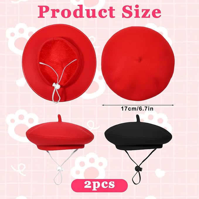 2 PCS Dog Beret Cat Beret Dog French Hat Fedora Artist Pet Costume Berets for Small Dogs Cat Photo Props for Pets (Black, Red)