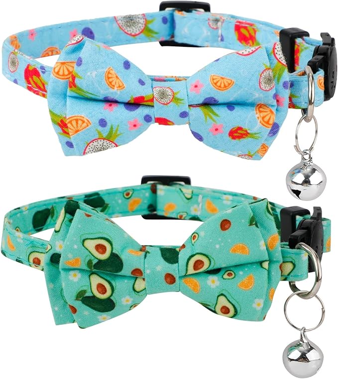 2pcs Summer Cat Collars, Cute Fruit Theme Cat Collar with Bowtie & Bell Adjustable Soft Cat Bow Tie Collar with Dragon Fruit Avocado Pattern for Girls Boys Kitten (Blue, Green)