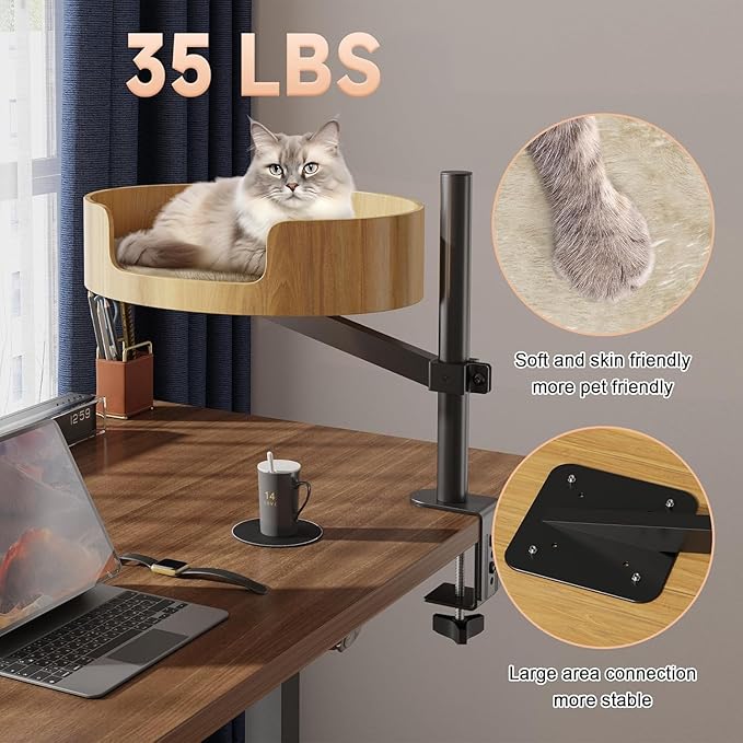 15in Cat Desk Bed -Elevated Desk Nest Cats Beds for Table, 360° Rotation & Height Adjustment, Supports 25 Lbs for Home Office, Living Room Relaxation Or Pet Store Displays.