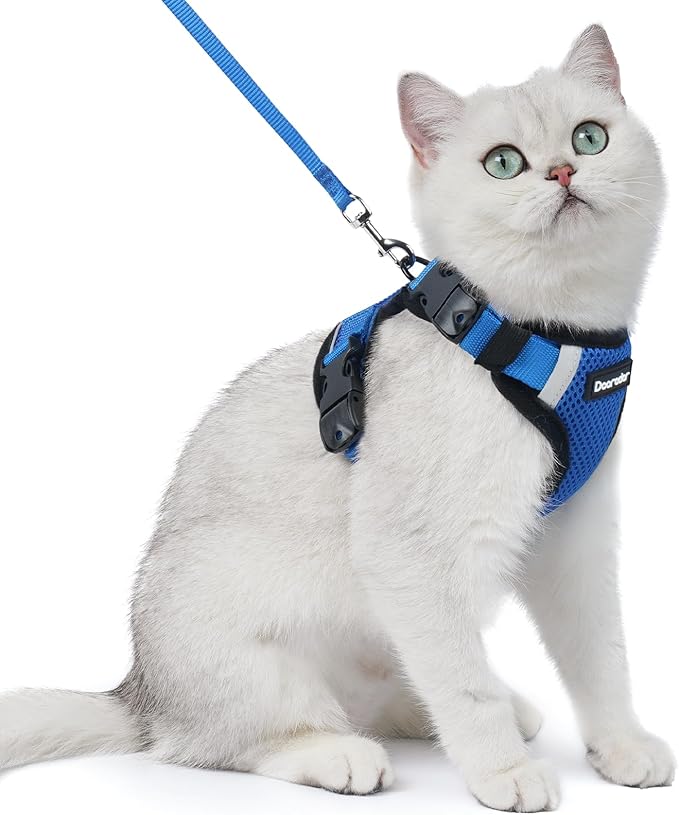 Dooradar Cat Harness and Leash Set, Escape Proof Soft with 3 Adjustable Buckles, Comfortable Vest Easy to Wear Kitten Harness with Reflective Strip, Safe for Outdoor Walking, Royal Blue, S