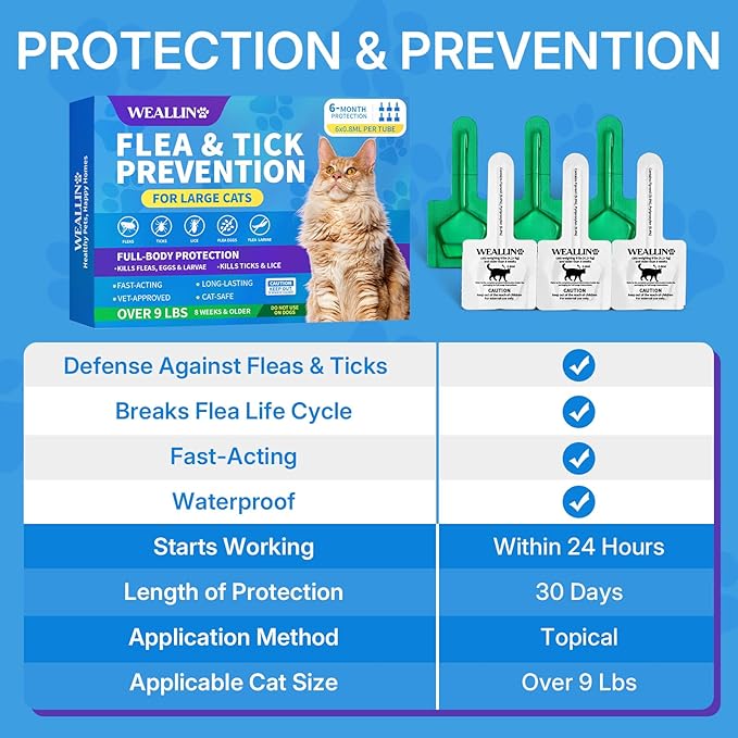 WEALLIN Flea and Tick Prevention for Large Cat, Fleas and Ticks Treatment for Cats Over 9 lbs, Topical Cat Flea Treatment, Fast-Acting & Long-Lasting Fleas Control for Cats, 6-Dose Supply