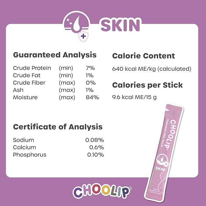 Choolip Squeeze Vita Stick Skin Support Lickable Cat and Dog Treats – 49-Count Multivitamin Sticks for Skin and Coat Health, Soft Puree for All Life Stages – Box with 7 Pouches