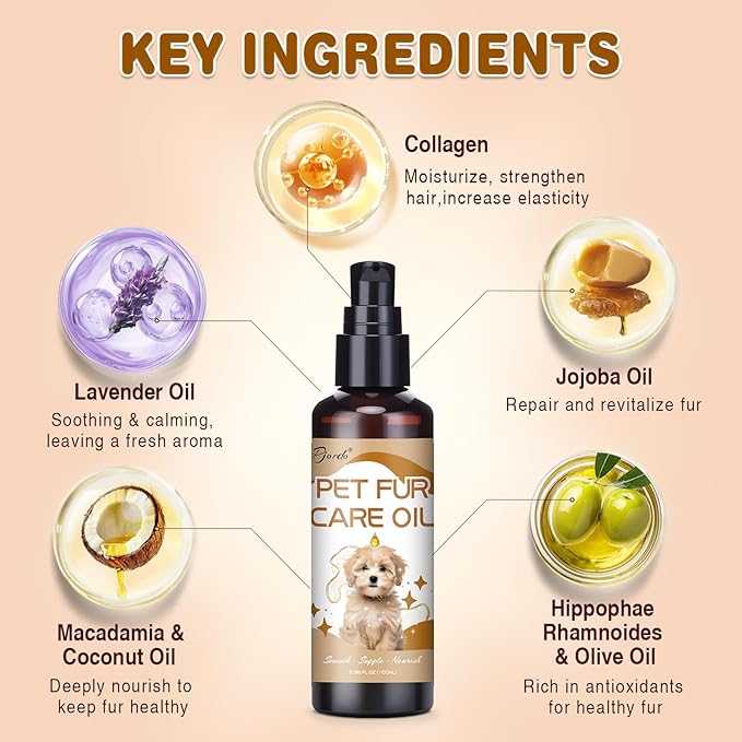Pjordo Pet Fur Care Oil, 3.38 FL OZ Natural Oils with Collagen for Detangles, Reduces Shedding, Shiny & Silky Coat, Leave-in Conditioner for Dogs & Cats