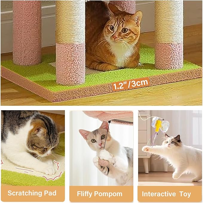 Flower Cat Tree 71 Inches，Large Cat Tower with 2 Detachable Flower Cushions and 2 Hiding Condo, Tall and Big Cat Tree with Hammock Bed, Interactive Toys and Scratching Posts for Indoor Cats (Pink)