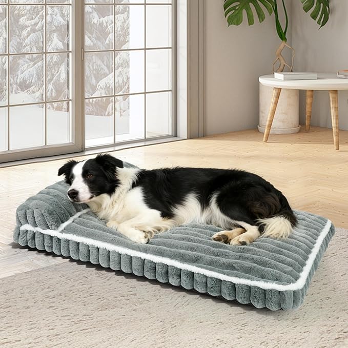 Comfort Dog Beds for Extra Large Dogs,Dog Bed with Removable Washable Cover, Deluxe Plush Dogs Bed for Crate with Pillow, Anti-Slip Pet Mat Mattress for Kennel with Durable Zipper(Grey,XL)