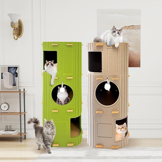 Homegroove Cat House for Indoor Cats, 3-Storey Cozy Felt Cat Bed Cave with Tunnel Hideaway, Large Multi-Cat Condo for Rest & Play (Camel, X Large)