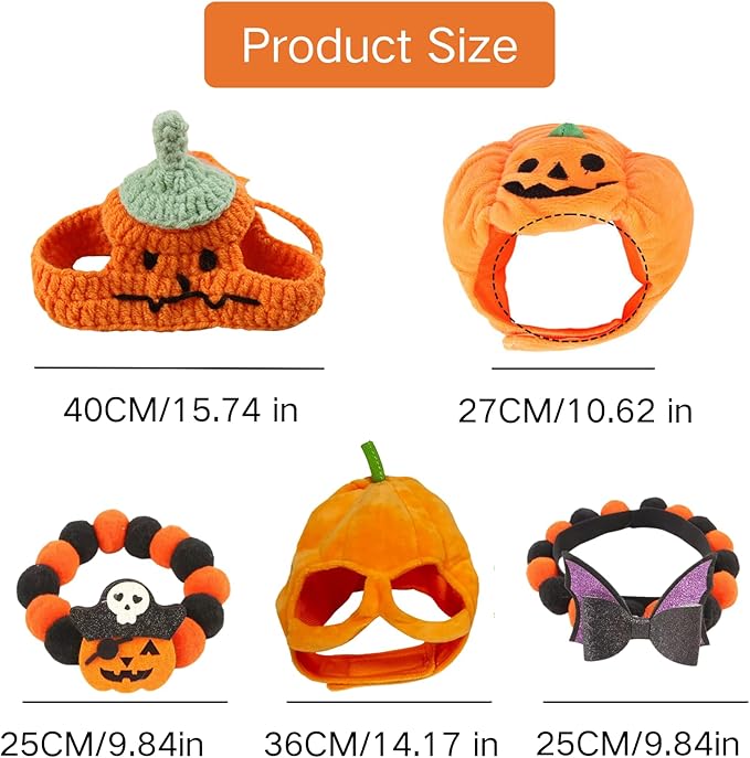 3 Pcs Pumpkin Cat Hats & 2 Pcs Bow Tie Set,Halloween Costume for Cats,Halloween Party Cosplay Dress Up Photo Props