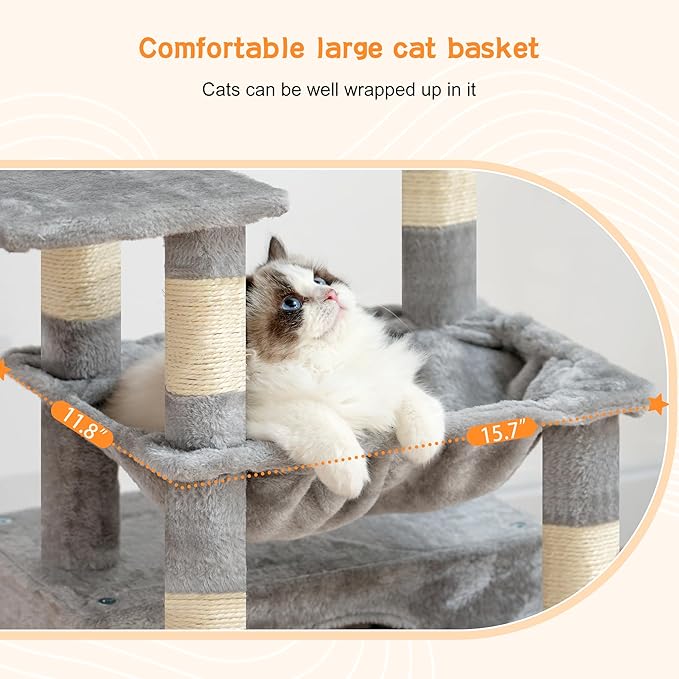 Heybly Cat Tree, Kitten Tower with Large Soft Cat Basket,Cat Condo with Spacious Cat Bed Cave with Hidden Space，Sisal-Covered Scratching Posts,Dangling Ball for Indoor Cats, Light Gray HCT008SW