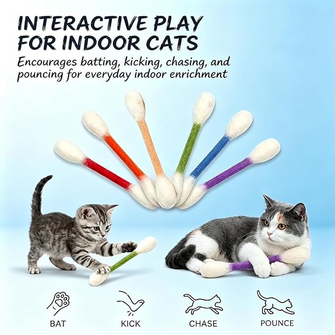 6 Pk Cotton Swab Cat Toy with Catnip, Giant Cat Qtip Toy Chew Sticks for Indoor Boredom, Big Interactive Felt Kitty Kicker Play Lover Gift Accessories1 (Mixed)