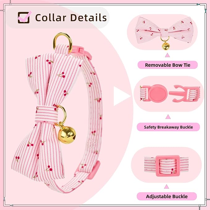 2 Pack Cat Collars with Removable Bow Tie and Bell, Adjustable Breakaway Kitten Collar, Cute Pink Cherry & Heart Print Pet Collar for Cats.(Adult Cat,Pink+Pink)