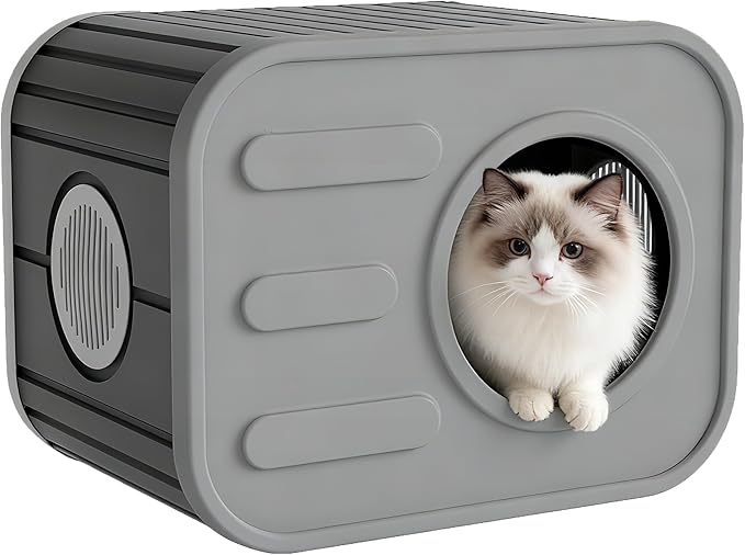 LHBcraft Outdoor Cat House Weatherproof, Feral Cat Houses for Outdoor Indoor Cats, Sturdy Resin Shelter with Camera-Shaped Design, Easy to Assemble Grey