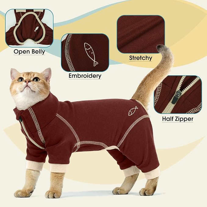 ROZKITCH Sphynx Cat Clothes for Cats Only, Prevents Licking Wounds After Surgery, Lightweight Cat Hair Sticky Shirt Prevent Hair Loss Shedding, Soft Pajamas Brown XS