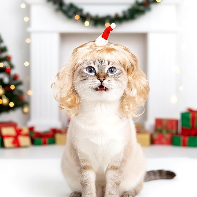 Christmas Dog Cat Pet Wig for Small Medium Large Dog Cosplay Costumes (Gold)