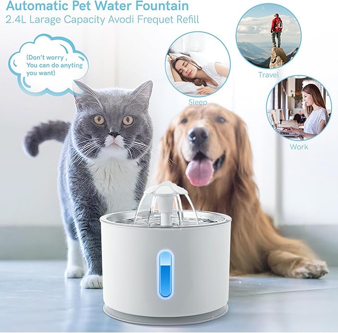 Cat Water Fountain, 81OZ/2.4 L Ultra Silent Cat Fountain with Stainless Steel Top and Water Level Window, Activated Carbon Filter, 3 Different Flow Designs, Suitable for Kittens and Dogs