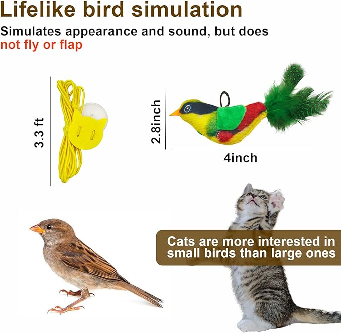 Battery-Free Flying Bird Cat Toy for Indoor Cats,Physically Generates Realistic Chirps, with Suction Cup Adhesive Strips & Lanyard (Green)
