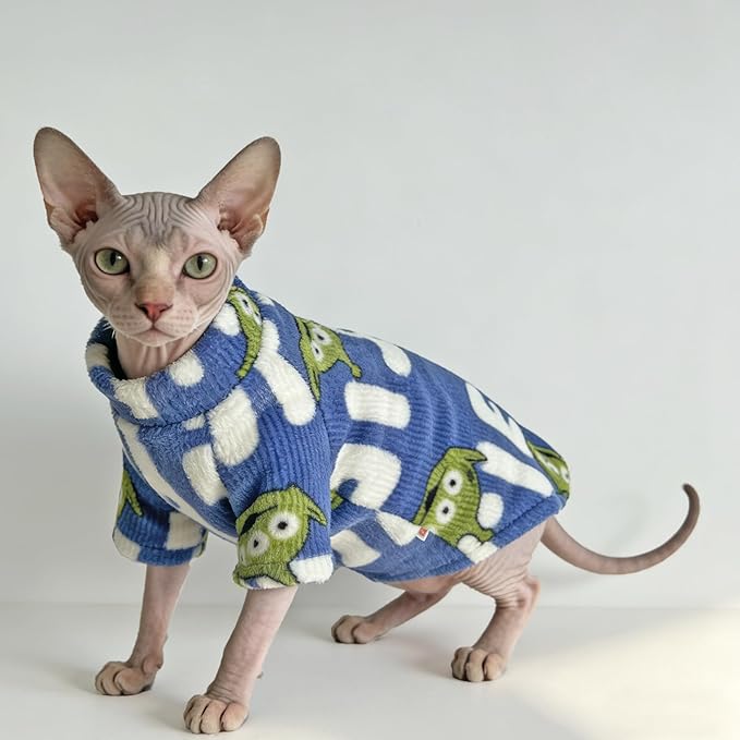 Sphynx Cat Clothes Sweaters for Cats Only, Warm Sphynx Hairless Cat Clothes Shirt,Sphinx Kitten Winter Coat Pet Outfits Costume for Cornish Rex, Devon Rex, Alien Pattern Royal Blue,M