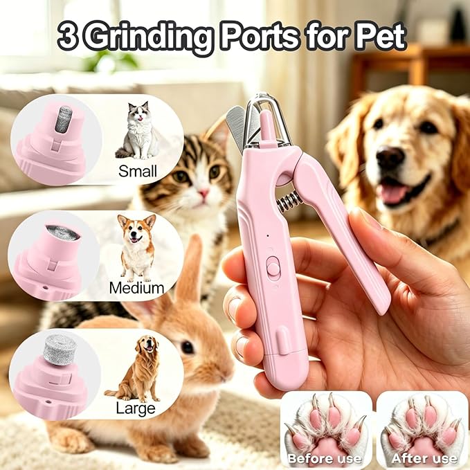 2-in-1 Dog Nail Grinder & Dog Nail Clippers Trimmers for Large Medium Small Dogs Cats Pets Claw Trimmer with LED Lights (Pink)