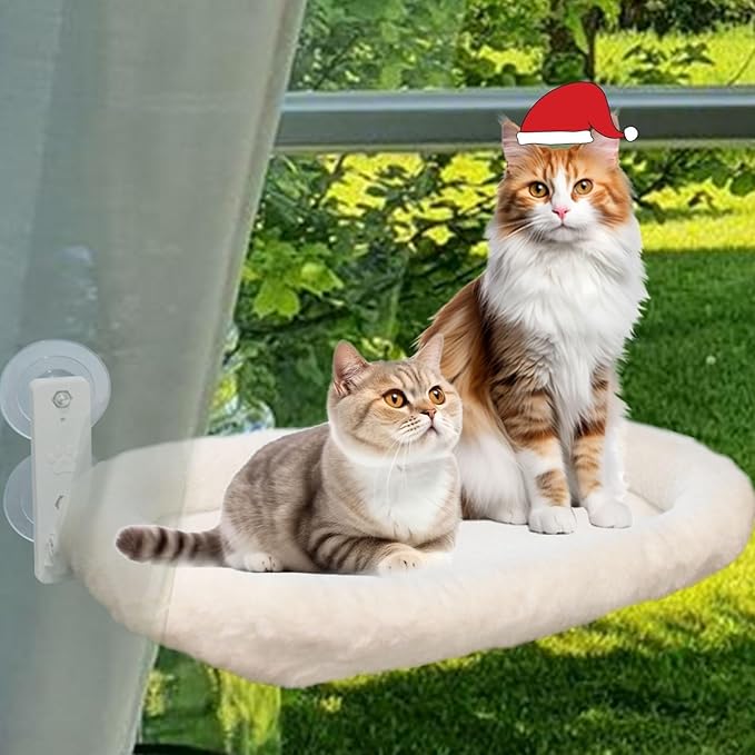 Extra Large Cat Window Hammock (23.8×11.8in) - Washable 2-Season Fabric Cover, 4 Strong Suction Cups, Solid Metal Frame - Foldable Cat Hammock for Large Cats/2 Cats, Cordless Design (White)