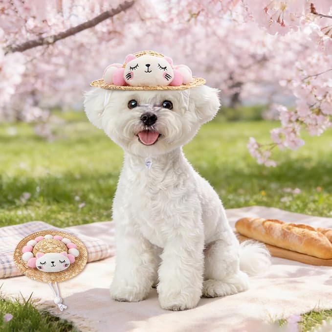 NACOCO Cat Hat Sunflower Straw Hat Handcrafted Rose Lovely Sun Cap Accessories for Small Dogs and Cats Photograph (S, Pink Cat)
