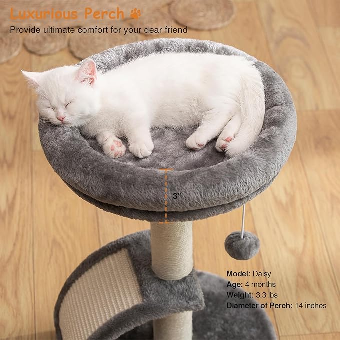 Goozii Small Cat Tree Tower with Scratching Post, Modern Kitten Tower for Indoor Cats, Short Carpet Sisal Cat Scratcher Stand with Large Bed Perch, Scratch Ramp, Toy Ball for Kitty Play (Grey)