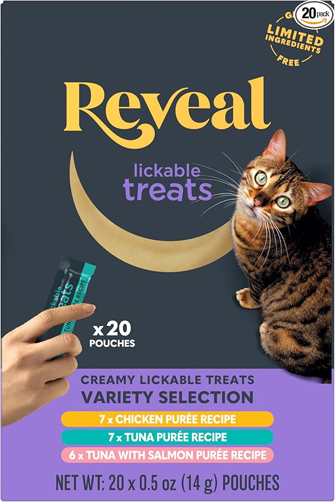 Reveal Natural Creamy Lickable Purée Cat Treats, Grain Free and Made with Limited Ingredients, Variety Selection Squeeze Up Cat Treats (20 x 0.5 oz Pouches)