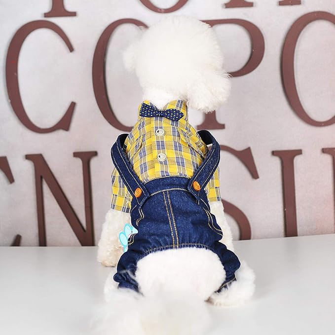 SMALLLEE_LUCKY_STORE Pet Clothes Costume Puppy Denim Overalls for Small Medium Dogs Cats Boys Bowtie Plaid Shirt Jeans Pants Outfits Chihuahua One Piece Jumpsuit,Yellow M