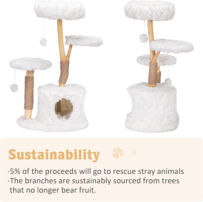 Cloud Cat Tree Aesthetic, Natural Wood Branch Cat Tree Tower with Large Condo, Soft Perches, Kitten Scratching Posts, Cat-Approved Modern Luxury Cat Tower, White