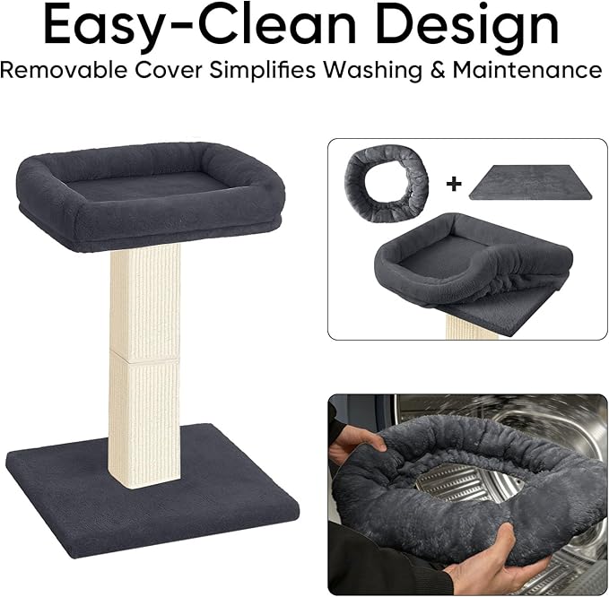 Cat Scratching Post, 32”Cat Scratcher with Large Plush Perch, Sisal & Carpet Scratching Post, Vertical Posts with Elevated Bed for Indoor Cats, Removable& Washable Cover, Dark Grey