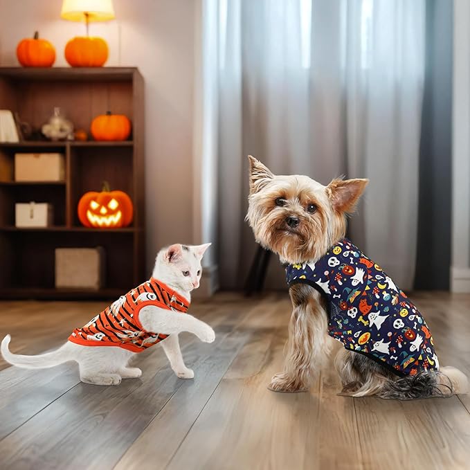 2PCS Halloween Puppy Sleeveless Tank Tops Dog Ghost Spooky Bat Pumpkin Pattern Shirts Halloween-Themed Apparel Vest for Small Middle-Sized Dog Cat XL