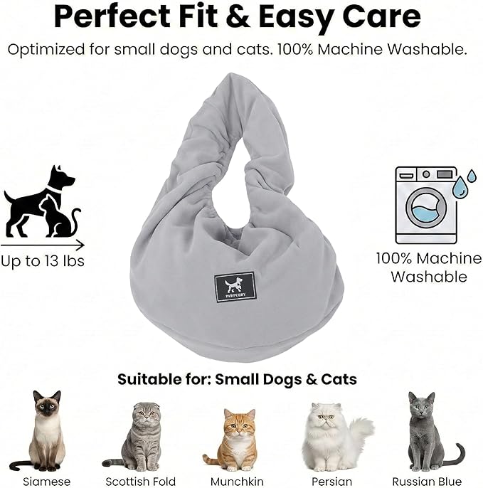 Donut Cat Sling Carrier, Soft Polar Fleece Hands-Free Pouch for Small Pets 3-13 lbs, Lightweight Indoor Cuddle Bag (Light Gray)