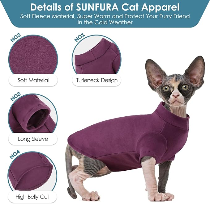 Turtleneck Sweater for Cat, Sphynx Cats Shirt Hairless Cat Sweaters with Sleeves, Warm and Soft Kitten Pullover Fleece Winter Pajamas Jumpsuit for Puppy Cats, Purple L