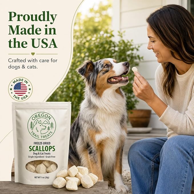 Oregon Trail Treats Freeze-Dried Scallops Dog & Cat Treats - Single Ingredient Premium Bay Scallops Grain Free 1 oz