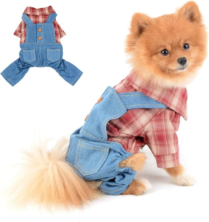 Shirt with Bib Pants for Dogs Plaid Tank Tops Tshirt Outfits for Small Male Dogs Puppies Chihuahua Overalls for Cats Apparel for Kittens Summer Adorable Pets Clothes Short Sleeves Red L