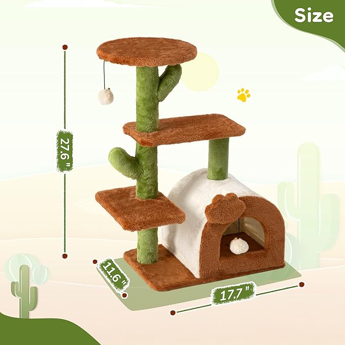 Cactus Cat Tree for Indoor Cats, 27.5'' Small Cat Tower with Cozy Condo, Wide Top Perch Multi-Level Climbing and Lounging Space, Brown