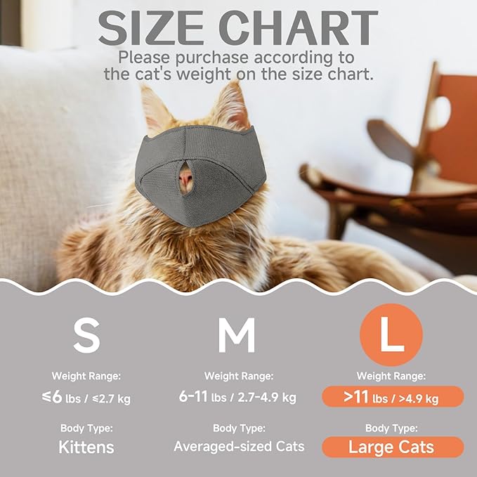 BARKLESS Cat Calming Muzzle for Grooming & Nail Trimming, Oxford Muzzle with Shading Design to Help Calm the Cat Down, Soft Head Cover to Prevent Biting & Scratching (Grey, L)