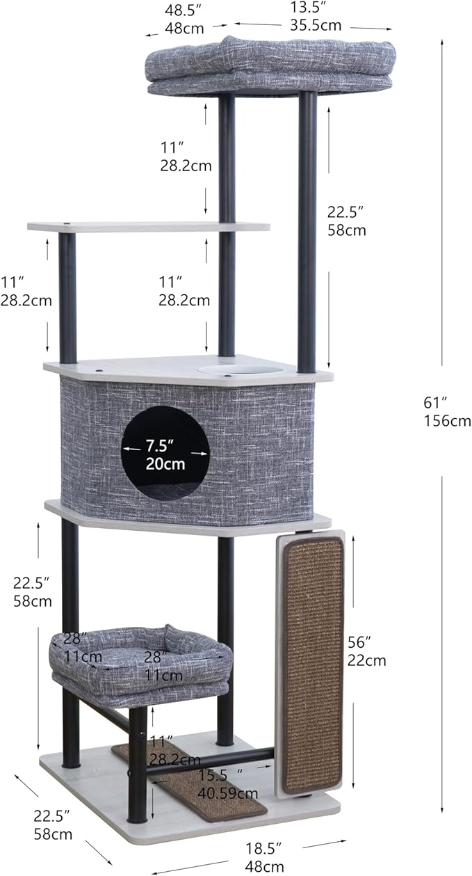 Petpals Heavy Duty Cat Tree with Durable Steel Frame and Laminated Board,Large Condo,Removable Top Bed,2 Replaceable Scratching Mats for Long-Lasting. (Light Gray)