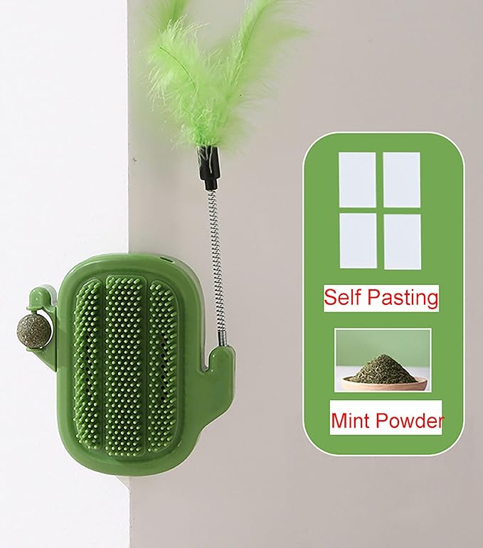 Pet Scratch the Itch, 5 Inch x 5 Inch Plastic Green Self-adhesive Massager Grooming Brushes Tools with Mint Ball for Cats and Dogs (green)