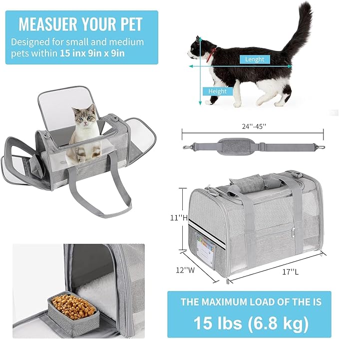 Airline Approved Cat Carrier Soft-Sided Pet Carrier for Cats and Small Dogs 17“ Under Seat Travel Carrier TSA Approved with Foldable Bowl Breathable Mesh Collapsible & Machine Washable, Grey