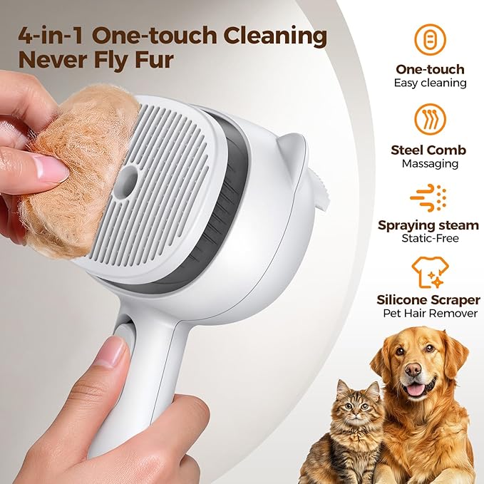 Self Cleaning Shedding Steam Cat Brush, Silicone Scraper Included Dog Brush, primecat, Cat Brushes for Shedding, USB Rechargeable, for Grooming & Haired Pets, Dogs & Cats, White