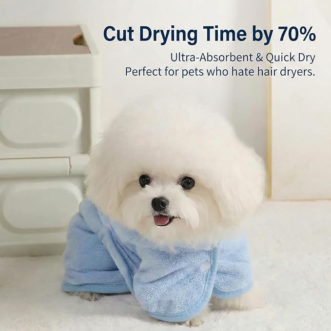 Dog Bathrobe Super Absorbent Towel for Small Dogs Cats Fast Drying Dog Robe Coat with Hood Puppy Cat Bath Towel Wrap Pet Grooming Supplies After Shower (Blue,S)