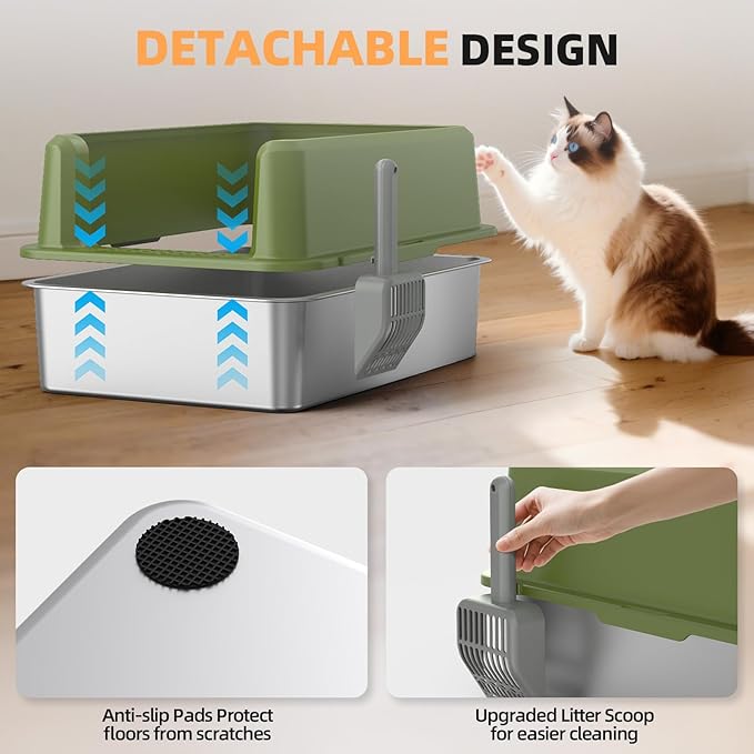 WoofiGo Enclosed Stainless Steel Cat Litter Box with Lid, XL Extra Large Litter Box for Big Cats, Metal Litter Pan High Sided, Never Absorbs Odors, Anti-Urine Leakage, Include Scoop (65-Green)
