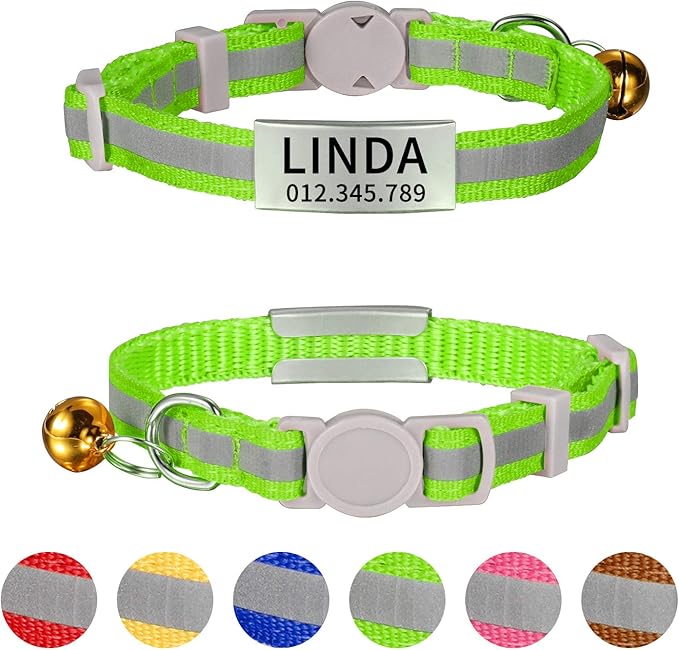 LaReine Reflective Cat Collars Breakaway with Bell and ID Tag - with Personalization Options (7"-10" Neck, Reflective-Green)